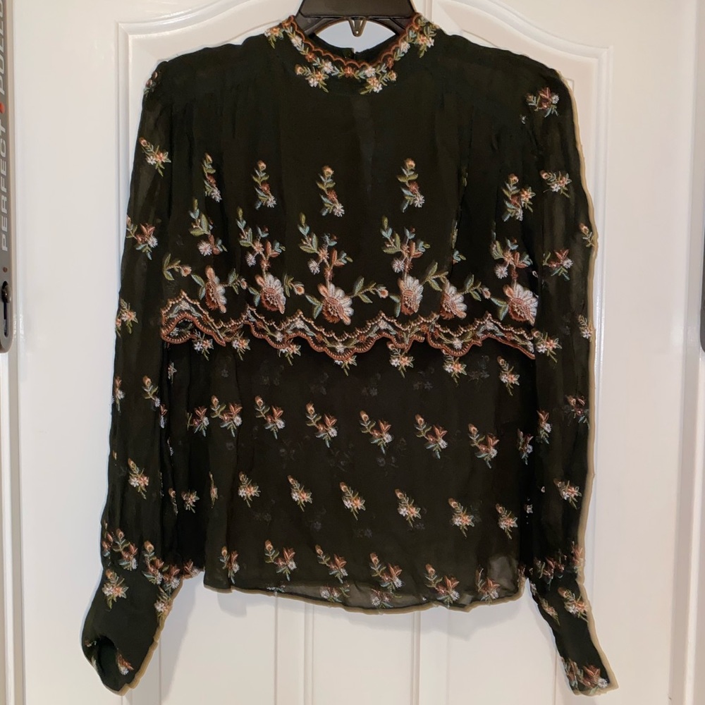 Zara green embroidered floral sheer blouse